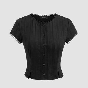 Cider 100% Cotton Round Neckline Solid Button Lace Trim Short Sleeve Top